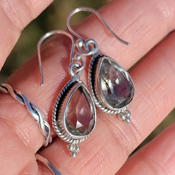 Prasiolite teardrop 925 sterling silver dangle earrings - Picture 14 of 16